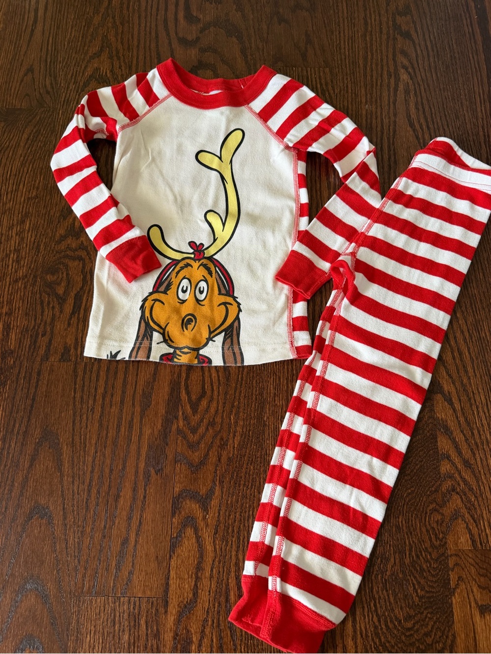 Red & White Striped Kids Pajama Set with Max the Reindeer Graphic